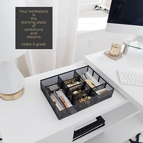 BLU MONACO | Black Metal Mesh Desk Drawer Organizer Tray | 12 Adjustable Compartments & 9 Removable Dividers | Space-Saving Office Supplies Organizer for Drawers, Vanity, Kitchen & Workspace Storage