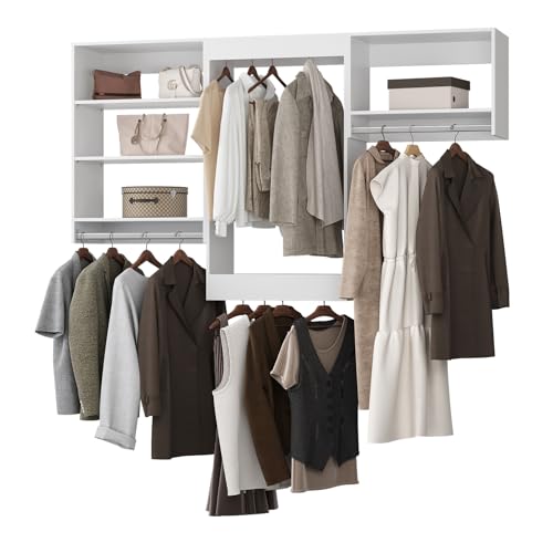 Modular Closet System, 90" Wide Closet Organizer System with Hanging Shelving , Wood Tower Closet Storage for Walk In Closets, Wall Mounted Wardrobe Organizer Kit System, Bedroom, White - color: White, size: 90" Wide, style: Tall Hanging + Medium Hanging