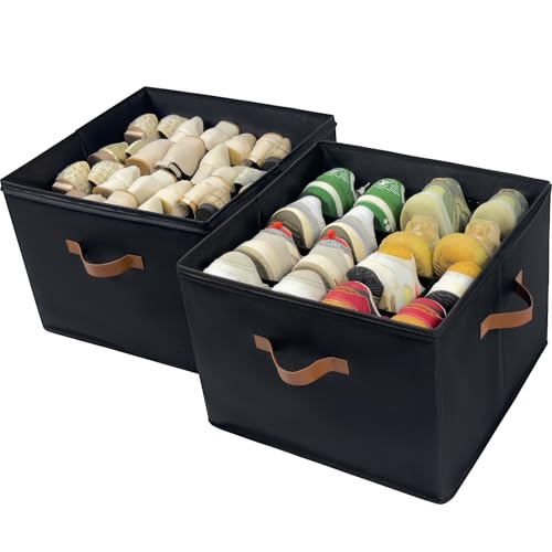 Shoe Organizer Box 2 Pack, Shoe Storage Organizer with Clear Cover, Adjustable Dividers Fits 16-32 Pairs, Fabric Shoe Organizer for Closet, Black - color: 2 Pack - Black