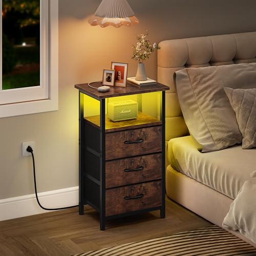 Vagusicc Night Stand with Charging Station, LED Nightstand for Bedroom, Bedside Table with 3 Fabric Drawers, End Table Side Table with USB Ports and Outlets, Bed Side Table for Bedroom, Rustic Brown - color: Rustic Brown, size: 1 Piece, style: With LEDs