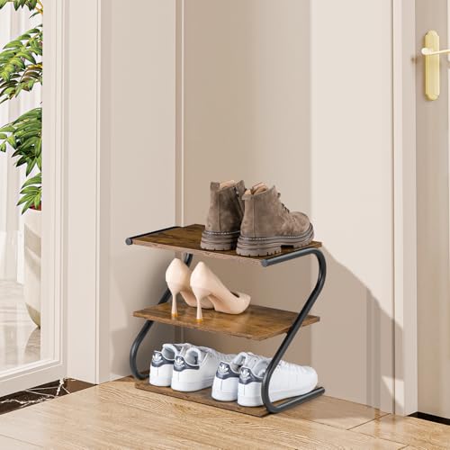 Small 3-Tier Shoe Rack, Z-Frame Wooden Shoe Shelf with Durable Metal Shelves for Hallway, Living Room, Closet, Bedroom (17.2”) - size: 10.35 x 17.20 x 15.75 Inches