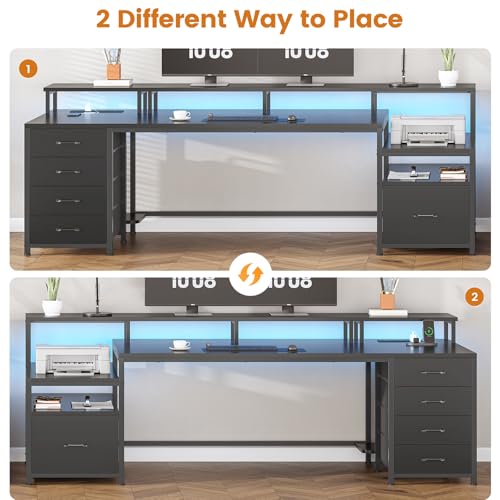 SEDETA 75'' Computer Desk with 5 Drawer, Power Outlet & Led Lights, Home Office Desk with File Drawer, Storage Shelves, Printer Cabinet and Monitor Shelf, 23.6" W Large Desktop Gaming Desk, Black - color: Black, size: 75X23.6inch