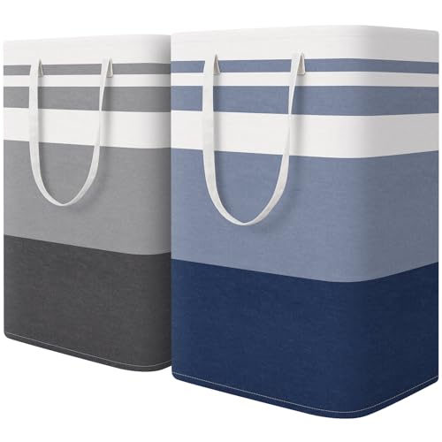 HomeHacks 2 Pack Large Laundry Baskets, Waterproof, Freestanding Laundry Hampers, Collapsible Clothes Hamper with Reinforced Handles in Laundry, College Dorm, Bathroom, Bedroom (Grey+Blue, 75Lx2) - color: Grey+Blue, size: 75L
