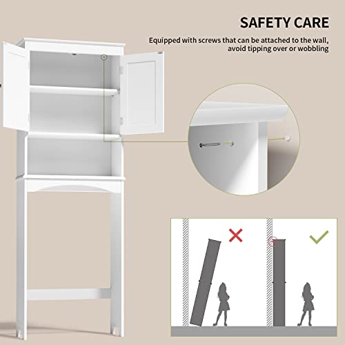 Gizoon Over the Toilet Storage Cabinet with Adjustable Shelf and Double Doors, Bathroom Space Saver Organizer Above Toilet with Open Shelf, Taller Wooden Free Standing Toilet Rack -White - color: White