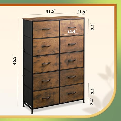 WLIVE Tall Dresser for Bedroom with 10 Drawers, Fabric Dresser for Closet, Storage Tower with Cabinet, Metal Frame, Rustic Brown Wood Grain Print - color: Rustic Brown Wood Grain Print