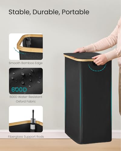 SONGMICS Laundry Hamper, Laundry Basket with Lid, Foldable Storage Basket, Bamboo Frame, for Bedroom, Living Room, Oxford Fabric, 26.4 Gal. (100 L), Ink Black ULCB518BH01 - color: Ink Black, size: 100 L (1-Section)