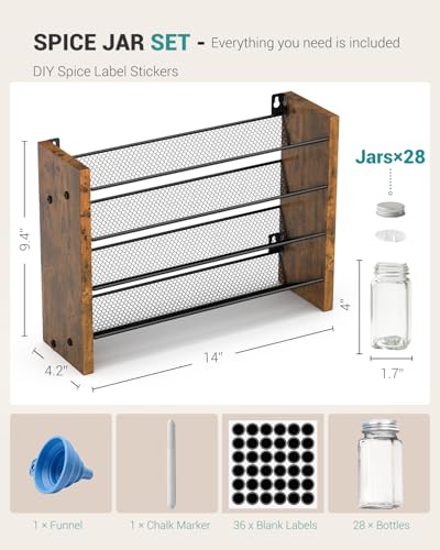 NESAPTO Spice Rack Organizer with 28 Glass Spice Jars, Wood 4-Tier Seasoning Organizer with Labels for Cabinet, Pantry, Countertop or Wall Mount, Chalk Marker and Funnel Set, 14" W × 9.4" H - size: With 28 Jars, 14"W × 9.4"H