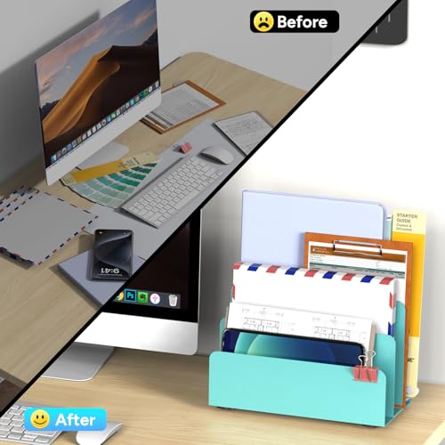 Mail Organizer Countertop, Small Desk File Organizer, Metal File Holder - Essential Workspace Organizers for Office Desk, Home Office (Blue) - color: Blue
