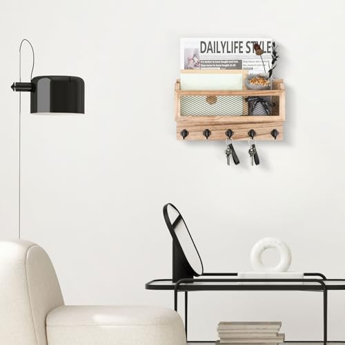 Nekon Mail and Key Holder for Wall Decorative, 11 Inch Wooden Wall Key Organizer with 5 Key Hooks, Wall Mount Storage Shelf for Entryway Hallway (Wood) - color: Wood