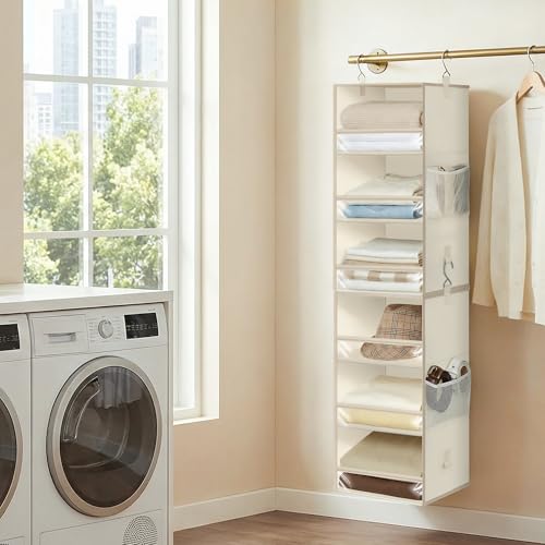 STORAGE MANIAC 6-Shelf Hanging Closet Organizer and Storage, 2 Separable 3-Shelf Haning Organizers for Closet, Collapsible Hanging Shelves Wardrobe Organization, College Dorm Room, Nursery, Beige - color: Beige