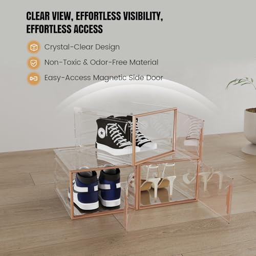 X-Large Stackable Shoe Boxes - Clear Plastic Shoe Storage Boxes with Magnetic Door, Thicken Shoe Organizer for Closet, Space Saving Foldable Shoe Containers Bins for Sneaker Boot - 6 Pack(Brown) - color: Brown