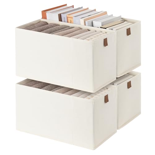 StorageWorks Small Storage Bins, Fabric Storage Bins, Narrow Baskets for Shelves with PU Handle, Perfect for Clothes, Towels, and Light Blankets, Beige, 4-Pack - color: Beige, size: 7.75'' Width (4 Pack)