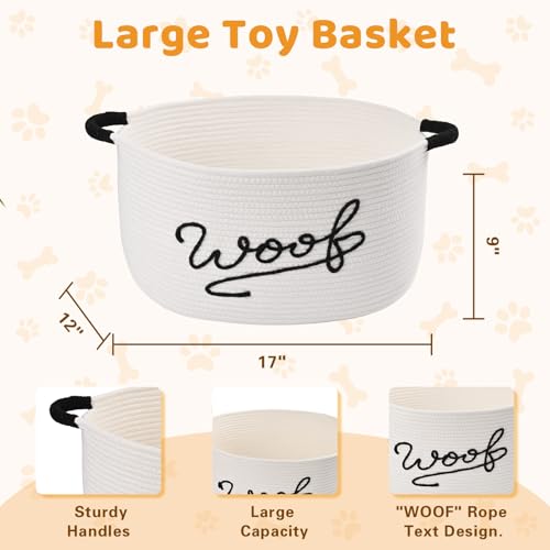 Woof Dog Toy Basket, Large Dog Toy Storage Bin with Durable Handles, Woven Dog Basket for Blankets, Toys, Chews, Pet Toy Storage Box for Nursery, Living Room, Bedroom, 17”x12”x9, White - color: White