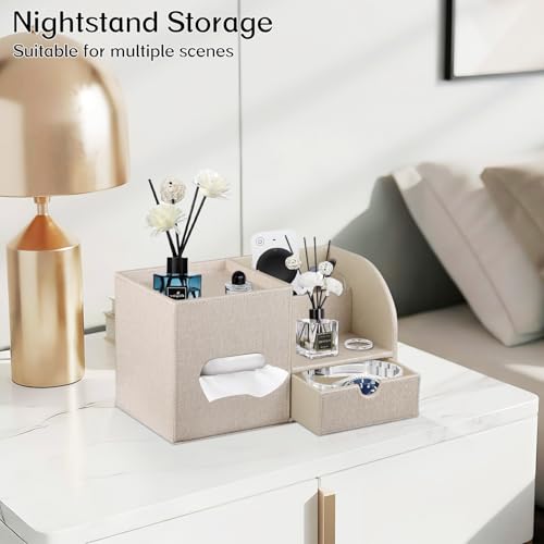 Square Tissue Box Cover with Drawer Storage and Tray on Top, PU Leather Tissues Cube Boxes Holder, Modern Nightstand Organizer Caddy, Remote Control Holder for Bathroom, Bedside, Office, Home - color: Beige Cloth
