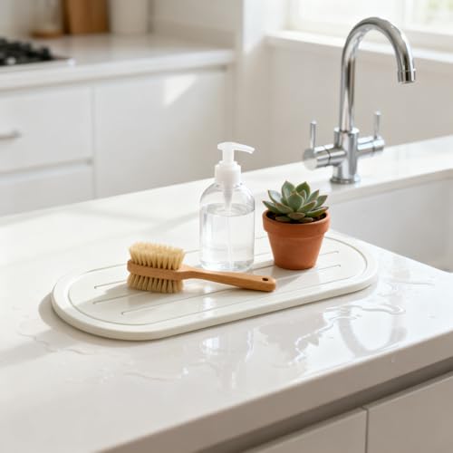 Razborci 2PCS Water Absorbing Stone Drying Tray Mat for Bathroom Sink & Kitchen Counter Faucet Organizer Decor, Quick Dry Dish Soap Dispenser Sponge Holder, Vanity Sink Caddy Coaster,White -10"*3.8" - color: 2pack-10"x 3.8" - White