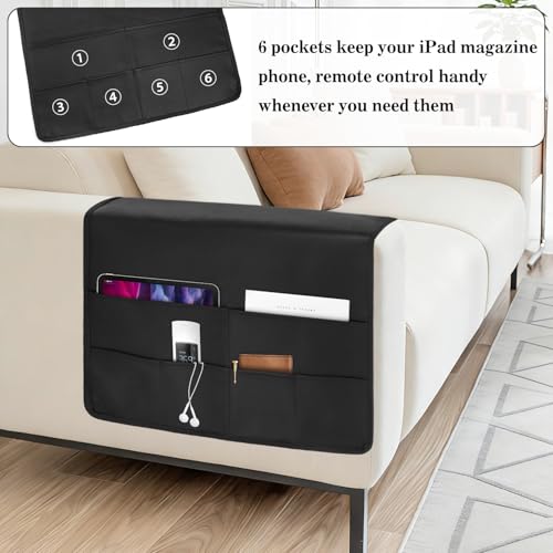 PU Leather Couch Organizer Caddy Sofa Armrest Organizer, Remote Control Holder for Recliner, Waterproof Armchair Caddy with 6 Pockets Storage for Magazine, Tablet, Phone, Remote (Black)
