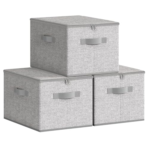 SONGMICS Foldable Storage Organizer Boxes, Set of 3 Storage Basket Bins with Lids, Handles, Clothes Organizer, 15.7 x 11.8 x 9.8 Inches, Non-Woven Fabric, Dove Gray URZB003W01 - color: Dove Gray, size: 3 Pack (15.7''L x 11.8''W x 9.8''H)