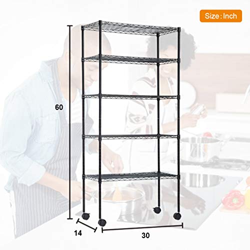 BestOffice | 5-Tier Wire Storage Shelves with Wheels | 14x30x60 | Black | Adjustable Racks | Heavy-Duty Metal Shelf, Holds Upto 220 lbs | No-Tool Assembly | Ideal for Home & Garage Shelving - color: Black, size: 14"D x 30"W x 60"H