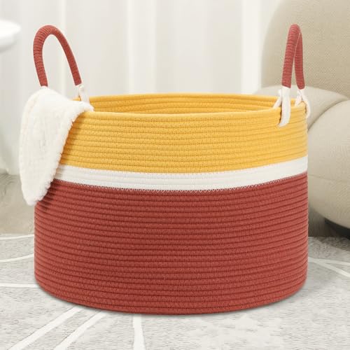 Large Blanket Basket (20"x13"), Woven Rope Storage Basket for Blankets, Clothes & Laundry - Living Room, Nursery, Bedroom (Yellow/Brown) - color: Yellow Brown