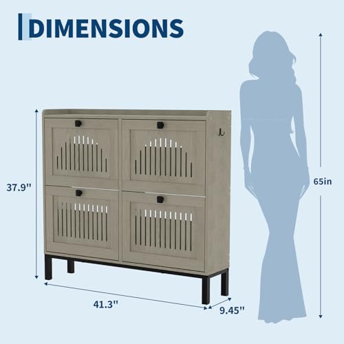 4-Door Flip Front Shoe Cabinet with Adjustable Shelves – Hidden Entryway Storage Organizer for Hallway, Foyer, Living Room – Freestanding Wooden Shoe Rack with Large Capacity & Modern Design, Grey - color: Grey, size: 9.45"D x 41.34"W x 37.9"H