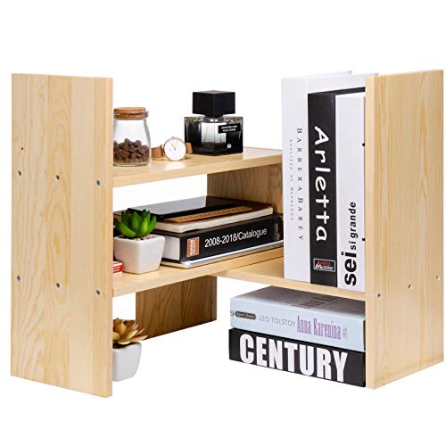 VERGOODR Desktop Organizer Office Storage Rack Adjustable Natural Wood Display Book Shelf Stand Rack Wood Caddy Desk Organizer Set Office Storage Expandable Tabletop - color: Beige