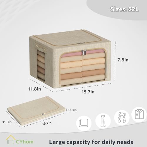 CYhom Clothes Storage Bins Box - Linen Fabric Foldable Stackable Container Organizer Set with Clear Window & Carry Handles & Metal Frame - 2Pack Large Capacity for Bedding, Blankets, Books - color: Beige, size: Small-22L