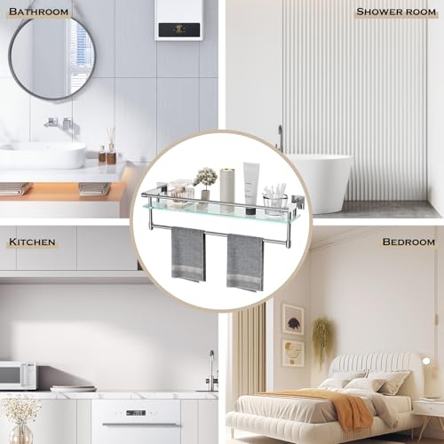 24 Inches Floating Glass Shelves for Wall with Towel Bar/Track, SUS 304 Stainless Steel Railing Tempered Glass Shelf, for Toilet, Room Decor Modern (Chrome Polished, 24-inch) - color: Chrome Polished, size: 24-inch with Railing