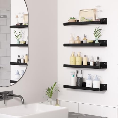 upsimples Acrylic Shelves for Wall Decor, 15" Display Shelf Perfume Organizer for Bathroom, Bedroom, Living Room, Floating Bookshelves for Kids, Black, 4 Pack - color: Black