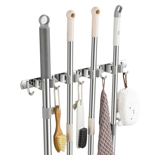 Broom Holder Wall Mount, Stainless Steel Broom Hanger Wall Mount, Heavy Duty Mop and Broom Holder Tool Racks Utility Hooks for Laundry Room Garden Garage, Grey (4 Racks and 5 Hooks) - color: Gray, size: 1Pack 4R5H