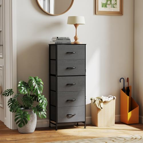 Sweetcrispy 5 Drawer Dresser with Fabric Bins, Sturdy Steel Frame and Wood Top, Storage Organizer Chest for Bedroom, Closet, Hallway, Gray - color: Grey, size: 15.7"D x 11.8"W x 47.7"H (5 Drawers)