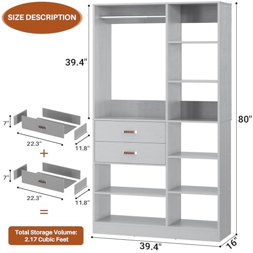 Armocity Freestanding Closet System, 40 Inches Stand-Alone Wardrobe with 10 Shelves, 80'' Height Adjustable Cloth Garment Rack with 2 Wood Drawers, Wood Walk-in Closet with Hanging Rod, Grey - color: Grey