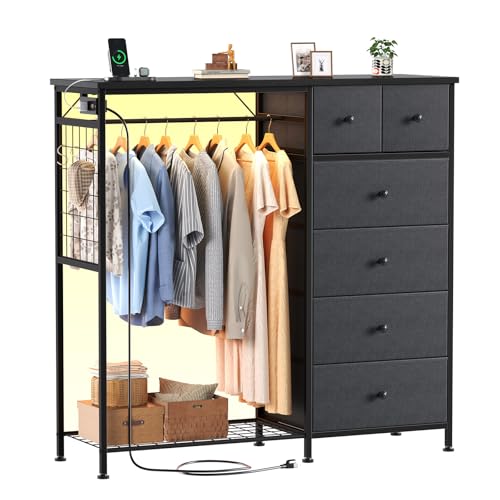 DUMOS Dresser for Bedroom with Hanging Rack, 6 Drawer Fabric Dresser with Charging Station and LED Lights, Closet Organizer & Storage Tower for Living Room, Entryway, Apartment, Grey - color: Grey, size: 15.8"D x 47.2"W x 49.2"H (6 Drawers)