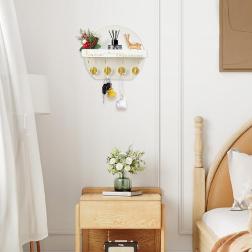 Key Holder for Wall, Key and Mail Holder Organizer - Key Holder Wall Mount with Bouquet Shelf and Key Hooks, Round Wooden Rustic Key Rack for Entryway and Home Decor (White) - color: White