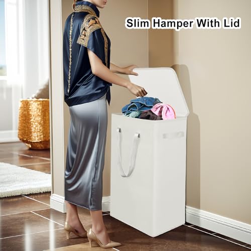 Odonata 75L Slim Laundry Hamper with Lid,Large Foldable Laundry Basket with Removable Bag and Handles Tall Collapsible Dirty Clothes Basket Great for Bedroom, Bathroom, Dorm, College,RV. (Beige, 75L) - color: Beige
