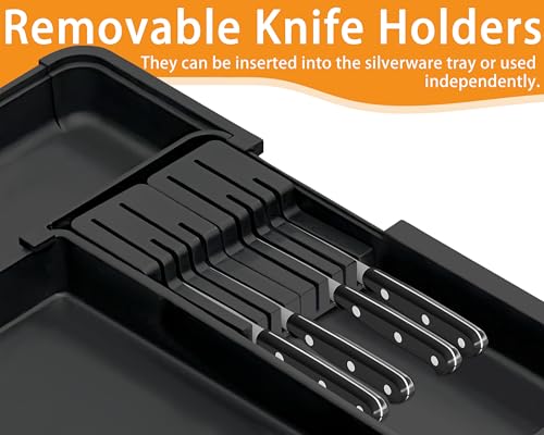 Large Utensil Drawer Organizer for Kitchen, Expandable Silverware Organizer Utensil Holder, Cutlery and Flatware Cooking Tray, Kitchen Drawer Organizers and Storage with Removable Knife Block, Black - color: Black
