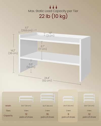 VASAGLE Shoe Rack for Closet, Stackable Shoe Organizer Shelf for Entryway, 2 Tiers, 11.7 x 24.4 x 14.2 Inches, White ULBS062WZ01S - size: 2 Tiers (24.4"W)