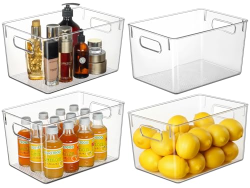 Hudgan Set of 4 Clear Plastic Storage Bins, 4 Large Storage Containers for Pantry Organizers, Home Edit, Kitchen Cabinet, Refrigerator, Under Sink Organization, Bathroom, Office - size: 4L