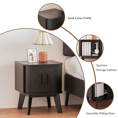Fluted Nightstand with Sliding Tambour Doors, Curved Edge Wood Bedside Table for Bedroom, Side Tables with Storage for Living Room (1, Square - Black) - color: Square - Black