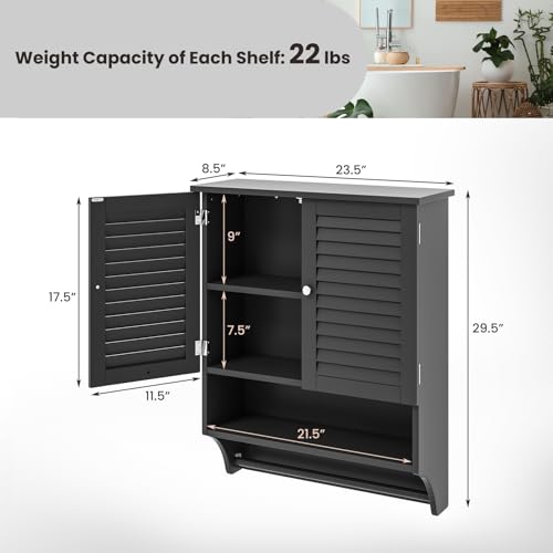Tangkula Wall Mounted Bathroom Cabinet with Open Shelf & Bar, Medicine Cabinet with Double Louvered Doors, Wall Storage Cabinet with Adjustable Shelf, for Bathroom Living Room Kitchen (Black) - color: Black