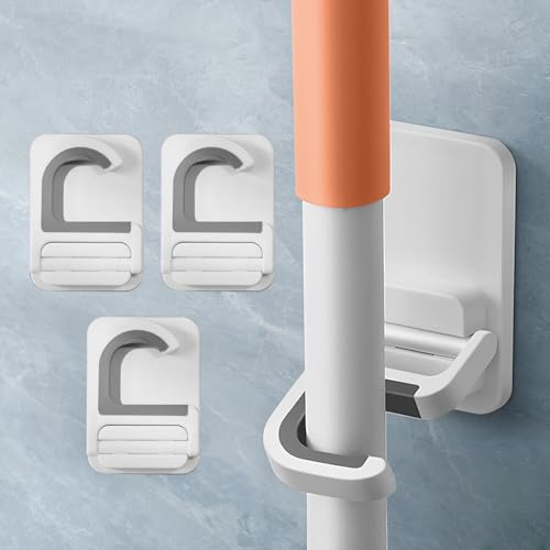 3 Pack，Broom and Mop Holder Wall Mount No Drill，Mop and Broom Gripper，Broom Handle Hanger，Household Cleaning Organizer, Holds up to 6 lb