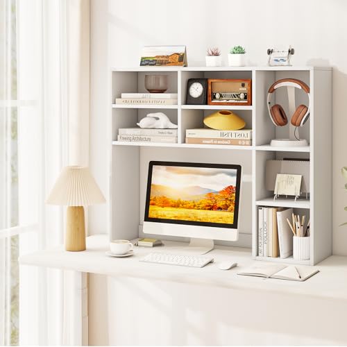 Tangkula Desktop Bookshelf, 37" Countertop Storage Hutch with 7 Cubes & 3 Adjustable Shelves, 3-Tier Desk Display Rack Organizer, Multipurpose Wood Desktop Hutch for Dorm Home Office (White) - color: White, size: 7 Shelves