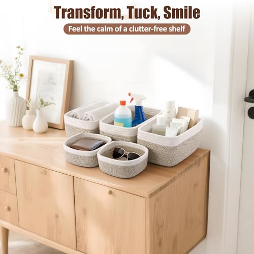 5-Pack Small Woven Rope Storage Baskets – 2 Sizes Organizer Bins for Closet, Shelf, Bookshelf, Nursery, Changing Table, Fabric Cube Boxes, Rectangular Shallow Bins for Bathroom, Toy & Home - color: Natural & White
