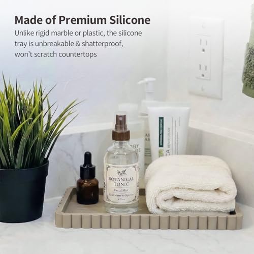 Silicone Bathroom Vanity Tray, Sink Caddy for Dish Soap Dispenser, Sponge Holder for Kitchen Sink, Rectangle Bathroom Countertop Organizer for Perfume, Jewelry, Candle (9.9” * 6”, Khaki) - color: Khaki, size: 9.9" x 6" x 0.7"