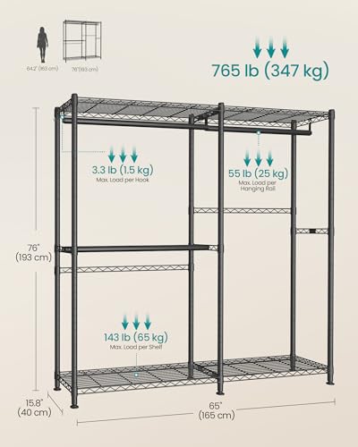 SONGMICS Clothing Rack, Heavy-Duty Garment Rack with Adjustable Storage Shelves and Hanging Rails, Hooks, Freestanding Portable Wardrobe Closet, Cloud White ULGR427BH01 - color: Ink Black, size: 65"L x 76"H, style: Without Fabric Cover
