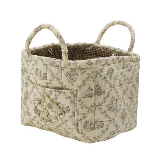 Quilted Fabric Storage Basket with Handles & Pocket, Foldable Laundry Hamper Boho Floral Print Organizer Bin for Home, Picnic, Office 12"x10"x10" (B-1) - color: B-1