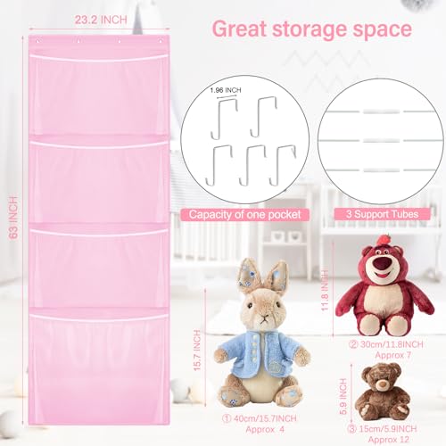 Woodoulogy Hanging Stuffed Animal Storage, Over Door Large Plush Toy Organizer with Metal Hook, Baby Accessory Holder Idea for Nursery, Doll & Bear Mesh Hammock Bag for Girl Boy Kid Room - color: Pink