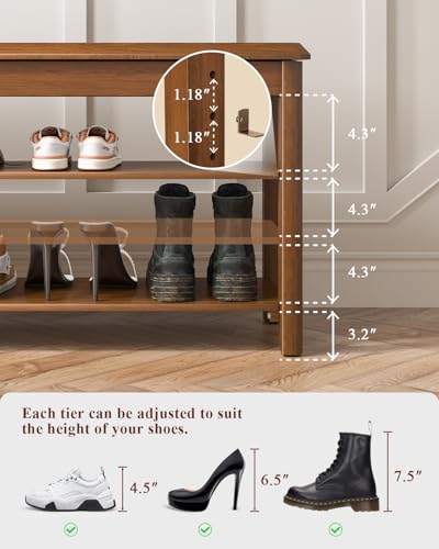 IUNVR Shoe Rack Bench Seat Rubberwood 3-Tier Wooden Storage Bench 550lbs Compact Mid-Century Modern Design for Entryway, Hallway, Closet, Front Door Entrance, Foyer - color: Walnut-3 Tier(wood), size: 23.6"W x 11.8"D x 20.5"H