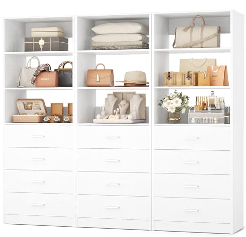 Aheaplus Closet Drawers Organizer System, 5.3FT Wood Closet System with 4 Drawers, Modular Walk-in Closets Storage Unit, Tall Bookshelf Storage Cabinet, White (3 Packs) - color: White, size: 63.8''