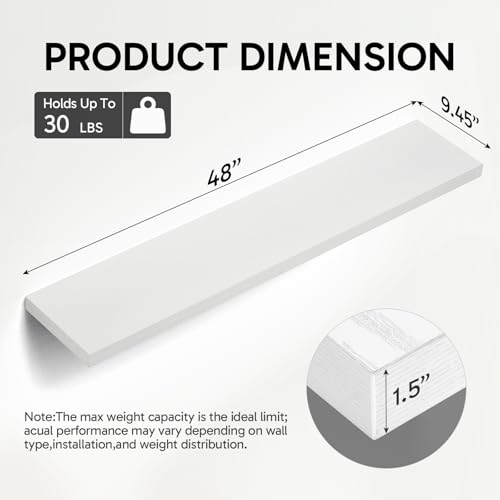 BAYKA Floating Shelves, 48 inches Long Heavy Duty Wall Mounted Rustic Wood Shelves for Bathroom, Bedroom, Living Room, Kitchen, Office, Hanging Shelf for Books/Storage/Decor(White,Set of 2) - color: C. White - Modern Minimalist Style, size: 48inches