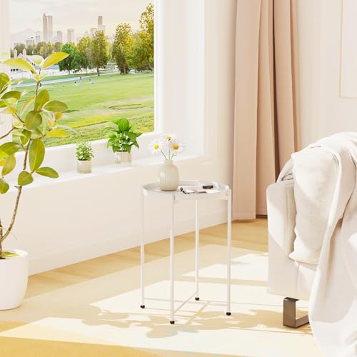 Garden 4 you Small Side Table, White Mini Round End Table, Black Tray Table with Metal Frame, Modern Nightstand for Living Room, Bedroom, Patio, Small Space, 2pcs - color: White, size: 2 PCS